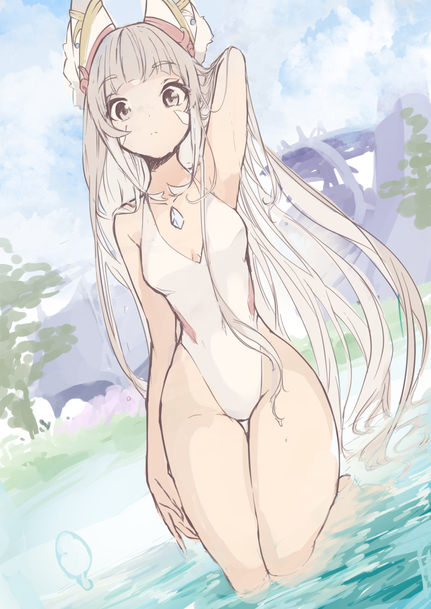 1girl absurdres animal_ears bare_hips barefoot breasts breasts_apart chest_jewel eyebrows_visible_through_hair facial_mark gem highres kneeling long_hair looking_at_viewer low_twintails nia_(blade)_(xenoblade) nia_(xenoblade) one-piece_swimsuit risumi_(taka-fallcherryblossom) sketch small_breasts swimsuit thigh-highs twintails unfinished very_long_hair xenoblade_chronicles_(series) xenoblade_chronicles_2
