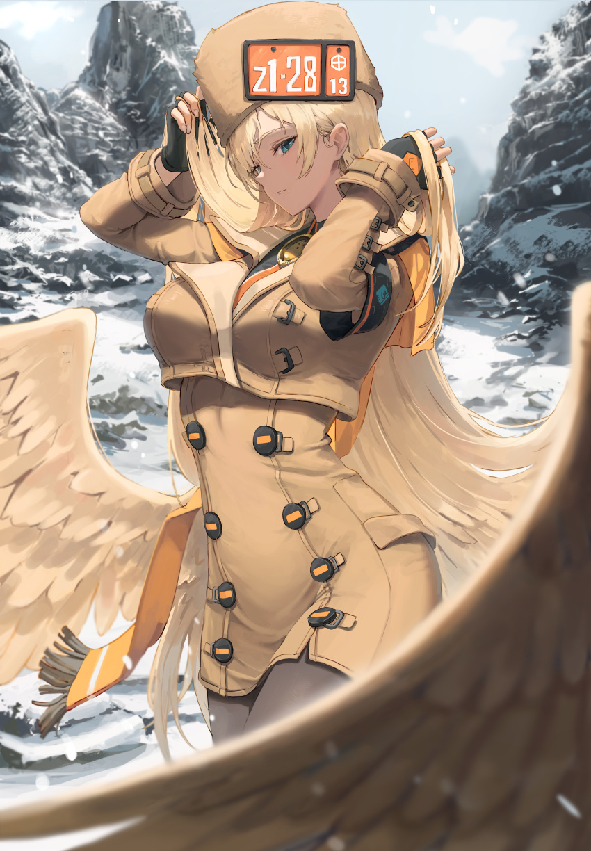 1girl absurdres black_gloves black_legwear blue_eyes closed_mouth fingerless_gloves fur_hat gloves guilty_gear guilty_gear_strive hair_lift hat highres long_hair millia_rage pantyhose pigone prehensile_hair rock scarf snow ushanka very_long_hair wings yellow_scarf