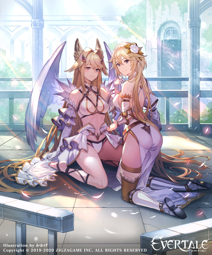 2girls absurdres armored_boots artist_name bad_hands blonde_hair blue_eyes boots breasts closed_mouth company_name copyright copyright_name day detached_sleeves dress evertale feathered_wings flower gauntlets hair_flower hair_intakes hair_ornament halter_top halterneck highres jeanne_d'arc_(evertale) kakage knee_boots kneeling large_breasts light_rays long_hair looking_at_viewer looking_back mikaela_(evertale) multiple_girls official_art parted_lips reaching_out revealing_clothes sitting thigh-highs very_long_hair wariza watermark white_wings wings