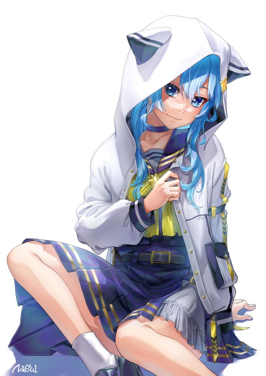 1girl bangs blue_choker blue_eyes blue_hair bow bowtie choker closed_mouth hair_between_eyes hair_ornament highres hololive hood hood_up hooded_jacket hoshimachi_suisei jacket long_hair long_sleeves looking_at_viewer nisui_noki open_clothes open_jacket pleated_skirt purple_sailor_collar purple_skirt sailor_collar signature simple_background sitting skirt smile socks solo star_(symbol) star_in_eye symbol_in_eye virtual_youtuber white_background white_footwear white_jacket yellow_bow yellow_bowtie