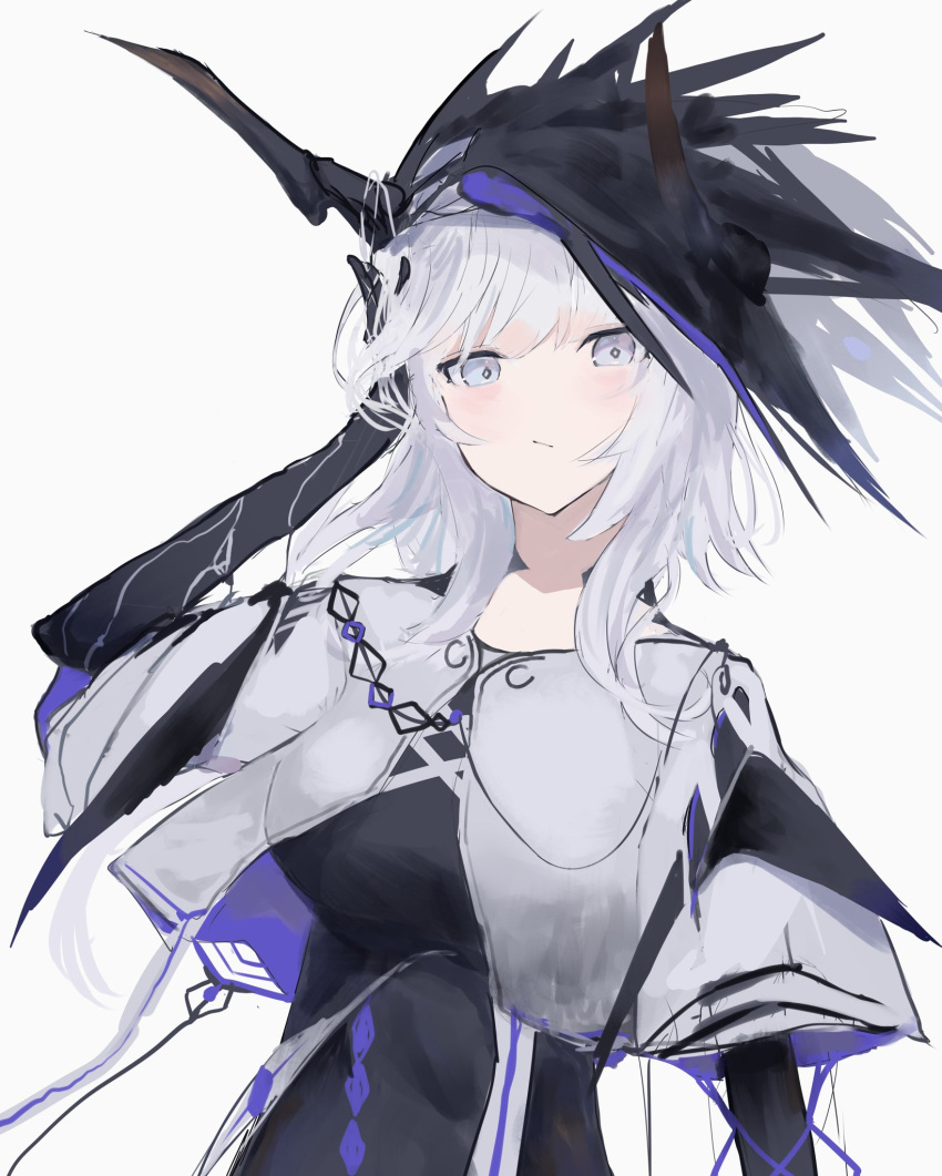 1girl :/ black_dress black_gloves blush breasts character_request copyright_request dress elbow_gloves gloves hand_in_own_hair hat highres looking_at_viewer medium_breasts medium_hair ribbon solo symbol-shaped_pupils white_background white_eyes white_hair yu-dachi