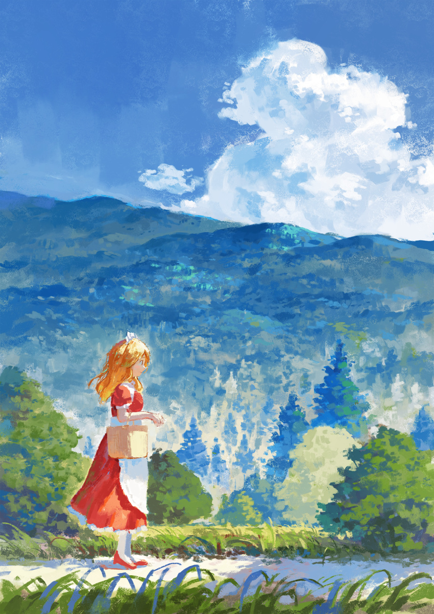 1girl apron bag blonde_hair blue_sky clouds commentary_request day dress fir_tree fjsmu from_side headdress highres holding holding_bag landscape long_dress long_hair maid_apron maid_headdress mountain outdoors puffy_short_sleeves puffy_sleeves pumps red_dress red_footwear road scenery short_sleeves sky solo touhou touhou_(pc-98) tree white_apron white_legwear yumeko_(touhou)