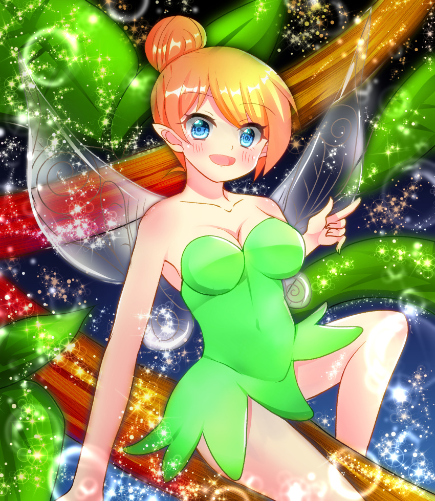 1girl absurdres bare_arms bare_legs bare_shoulders blonde_hair blue_eyes disney dress fairy fairy_wings green_dress hair_bun highres looking_at_viewer mari0u0 open_mouth peter_pan pointy_ears smile solo sparkle strapless strapless_dress tinker_bell_(disney) wings