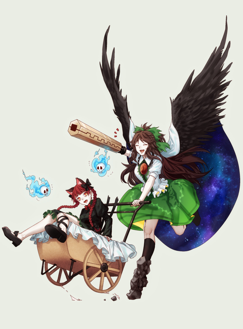2girls :d absurdres animal_ear_fluff animal_ears arm_cannon bangs bird_wings black_bow black_dress black_footwear black_legwear black_ribbon black_wings blunt_bangs bow bowtie braid brown_hair c_piao_jun cape cat_ears cat_tail closed_eyes collared_shirt commentary dress eyebrows_visible_through_hair fang feathered_wings fingernails flying_sweatdrops footwear_bow frilled_dress frilled_shirt_collar frills full_body green_bow green_skirt hair_bow highres hitodama juliet_sleeves kaenbyou_rin kneehighs leg_ribbon lips long_hair long_sleeves looking_at_another looking_back mary_janes multiple_girls multiple_tails nail_polish notice_lines open_mouth parted_bangs pebble puffy_short_sleeves puffy_sleeves red_bow red_bowtie red_eyes red_nails reiuji_utsuho ribbon sharp_fingernails shirt shoes short_sleeves simple_background sitting skin_fang skirt slit_pupils smile standing standing_on_one_leg starry_sky_print sweatdrop tail teeth third_eye touhou twin_braids two-sided_cape two-sided_fabric two_tails very_long_hair wavy_mouth weapon wheelbarrow white_background white_cape white_shirt wings