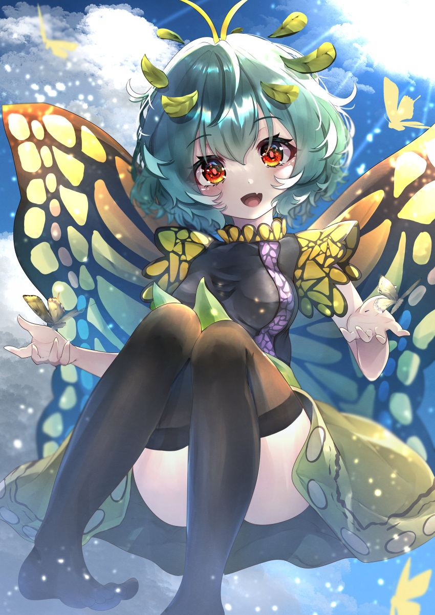 1girl :d absurdres antennae aqua_hair bangs black_legwear blue_sky butterfly_wings clouds dfra eternity_larva fang full_body highres leaf leaf_on_head light_particles light_rays looking_at_viewer open_mouth outdoors red_eyes short_hair short_sleeves skin_fang sky smile solo sun thigh-highs touhou wings