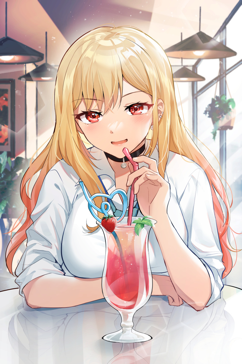 1girl absurdres akitsuki_(oenothera) arm_under_breasts blonde_hair blush breasts day drinking earrings elbow_rest highres indoors jewelry kitagawa_marin long_hair looking_at_viewer medium_breasts multicolored_hair multiple_earrings open_mouth red_eyes shirt solo sono_bisque_doll_wa_koi_wo_suru straw table two-tone_hair wavy_hair white_shirt window