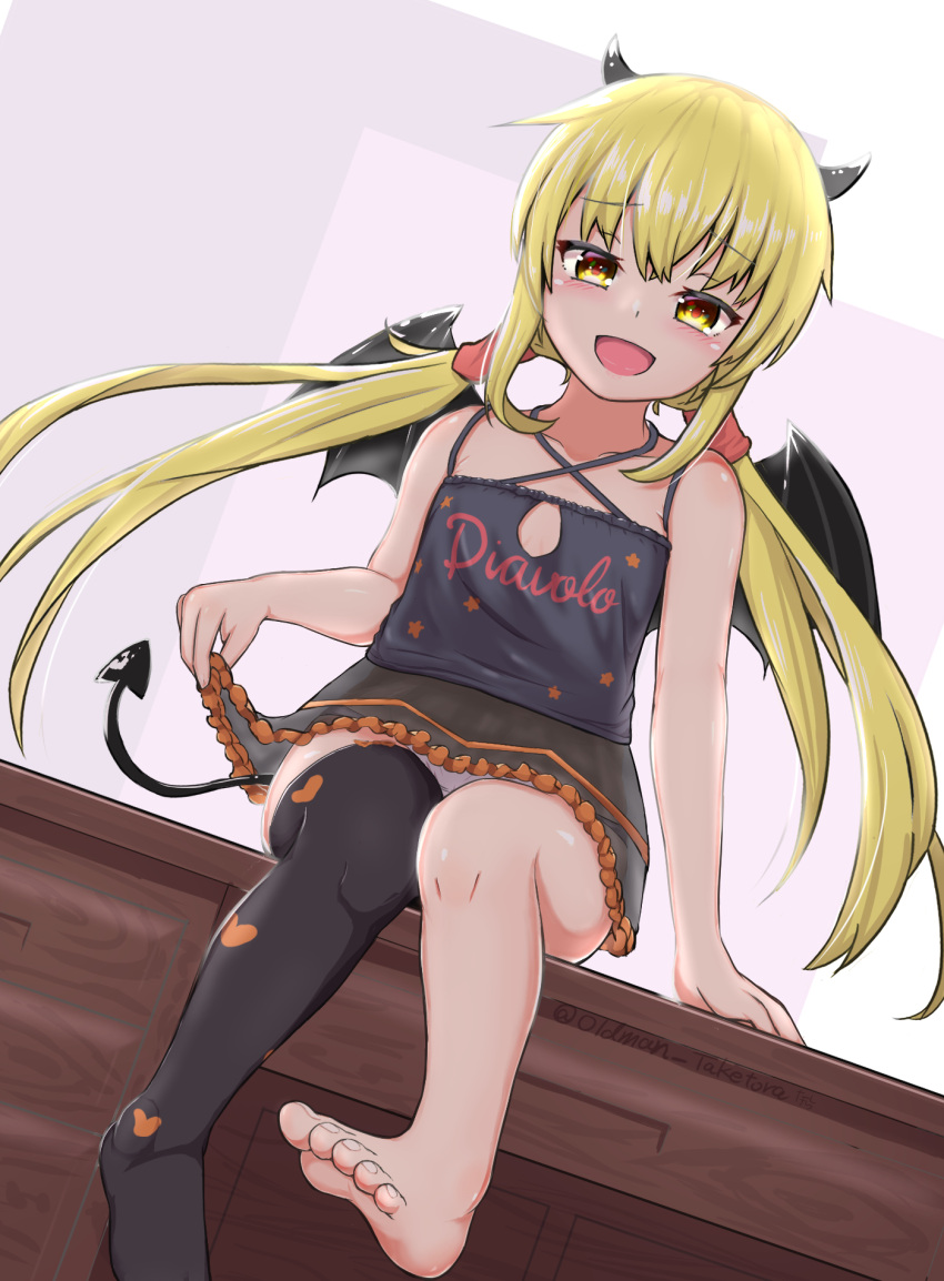 barefoot blonde_hair cosplay demon_tail demon_wings desk grecale_(kancolle) grecale_(kancolle)_(cosplay) highres horns kantai_collection long_hair looking_at_viewer oldman_taketora on_desk satsuki_(kancolle) single_thighhigh sitting sitting_on_desk tail thigh-highs twintails wings yellow_eyes