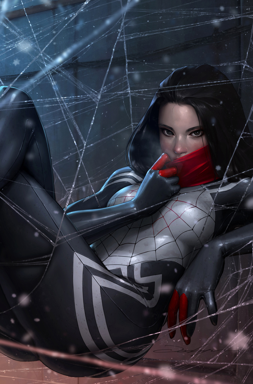 1girl absurdres asian black_bodysuit black_eyes black_gloves black_hair bodysuit cindy_moon comic_cover cover_image gloves highres jee-hyung_lee looking_at_viewer marvel official_art realistic red_scarf scarf scarf_pull silk_(marvel) solo spider-man_(series) spider_web_print superhero