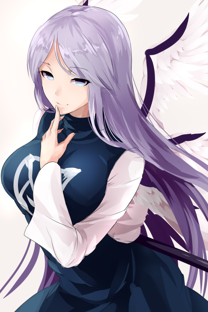 1girl angel angel_wings arm_under_breasts blue_dress blue_eyes blue_hair breasts commentary_request dress feathered_wings highres holding holding_staff kamiya_ueshi large_breasts long_hair long_sleeves multiple_wings pinafore_dress sariel_(touhou) seraph shirt simple_background staff touhou touhou_(pc-98) very_long_hair white_background white_shirt white_wings wings