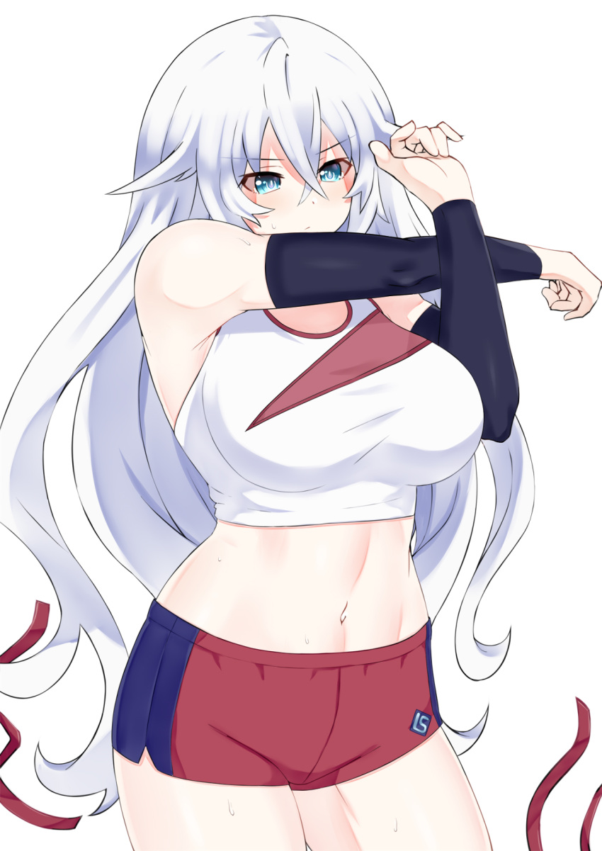 1girl bare_shoulders black_heart blue_eyes breasts elbow_gloves gloves highres large_breasts long_hair neptune_(series) short_shorts shorts simple_background solo sportswear stretch sweat symbol-shaped_pupils tank_top very_long_hair white_background white_hair zatsu