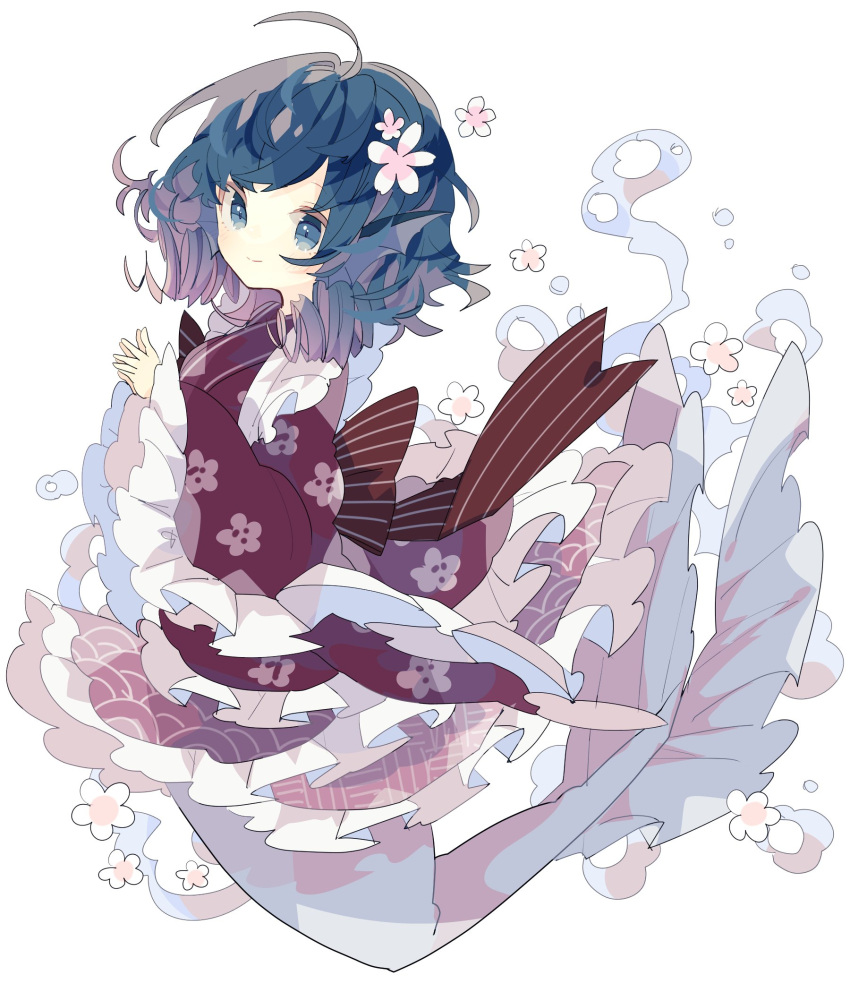 1girl ahoge blue_eyes blue_hair blush brown_kimono cherry_blossoms closed_mouth drill_hair frilled_sleeves frills full_body head_fins highres japanese_clothes kimono long_sleeves mermaid monster_girl nikorashi-ka one-hour_drawing_challenge short_hair smile solo touhou twin_drills wakasagihime wide_sleeves