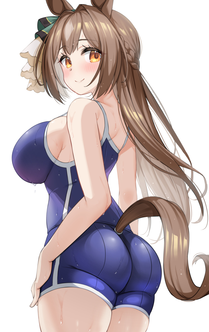1girl animal_ears ass bangs blush breasts brown_hair commentary_request eyebrows_visible_through_hair hair_ribbon highres horse_ears horse_girl horse_tail kibihimi large_breasts long_hair looking_at_viewer looking_to_the_side ribbon satono_diamond_(umamusume) school_swimsuit sideboob solo solo_focus swimsuit tail umamusume white_background yellow_eyes