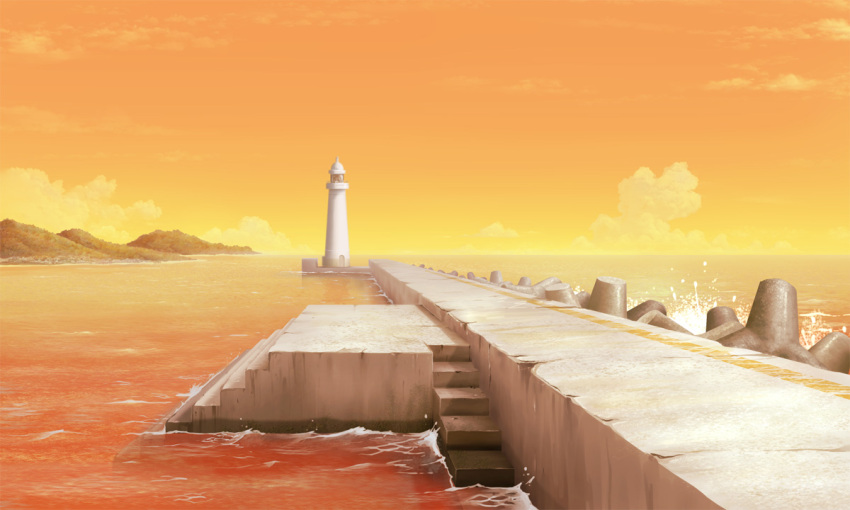clouds commentary_request harbor lighthouse mountain no_humans ocean orange_sky original outdoors scenery shore sky stairs sunset tetrapod user_peo4941 water