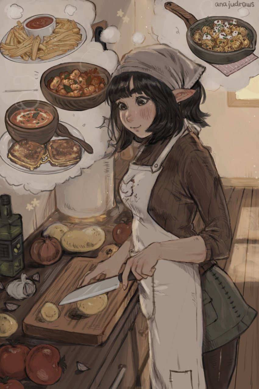 1girl absurdres anajudraws apron artist_name bangs black_hair black_legwear blush bottle brown_eyes brown_shirt closed_mouth cooking cooking_oil food garlic highres holding holding_knife indoors knife looking_down medium_hair oil original pantyhose pointy_ears potato shirt skirt sleeves_rolled_up smile soup spoon standing star_(sky) table thick_eyebrows thought_bubble tomato