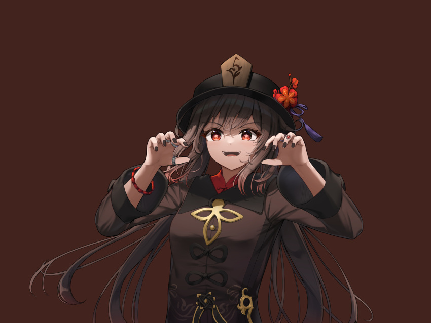 1girl :d bangs black_nails bracelet breasts brown_hair claw_pose eyebrows_visible_through_hair flower genshin_impact hands_up hat hat_flower hat_ribbon highres hu_tao_(genshin_impact) jewelry long_hair long_sleeves medium_breasts nail_polish qoray7 red_background red_eyes red_flower ribbon smile solo symbol-shaped_pupils teeth tongue twintails upper_body