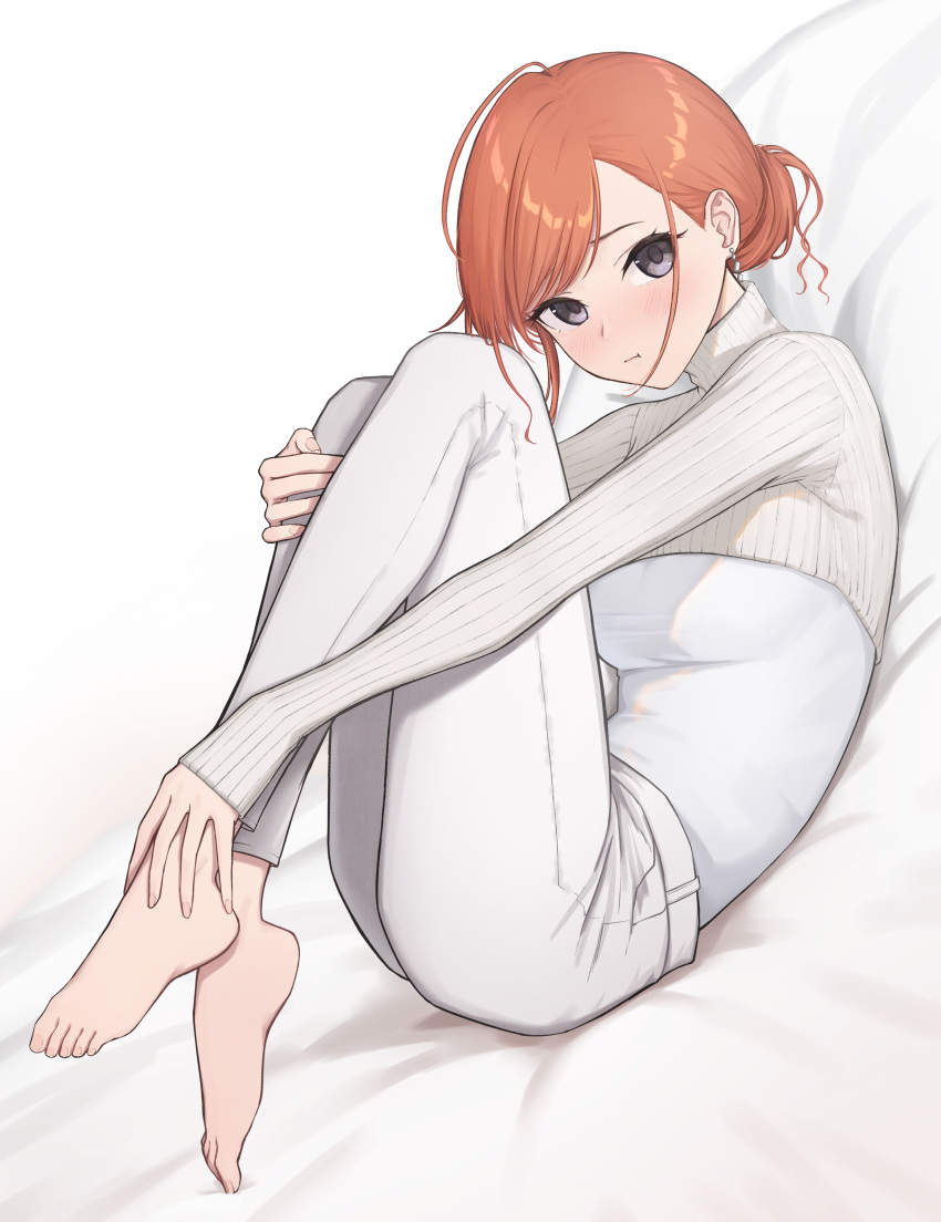 1girl :t absurdres arisugawa_natsuha asymmetrical_bangs bangs barefoot bed_sheet blush breasts feet folded_ponytail full_body half-shirt hand_on_own_knee hands_on_feet highres idolmaster idolmaster_shiny_colors knees_up looking_at_viewer medium_breasts orange_hair pants ribbed_sweater shirt sjuno solo sweater toes wavy_hair white_pants white_shirt white_sweater