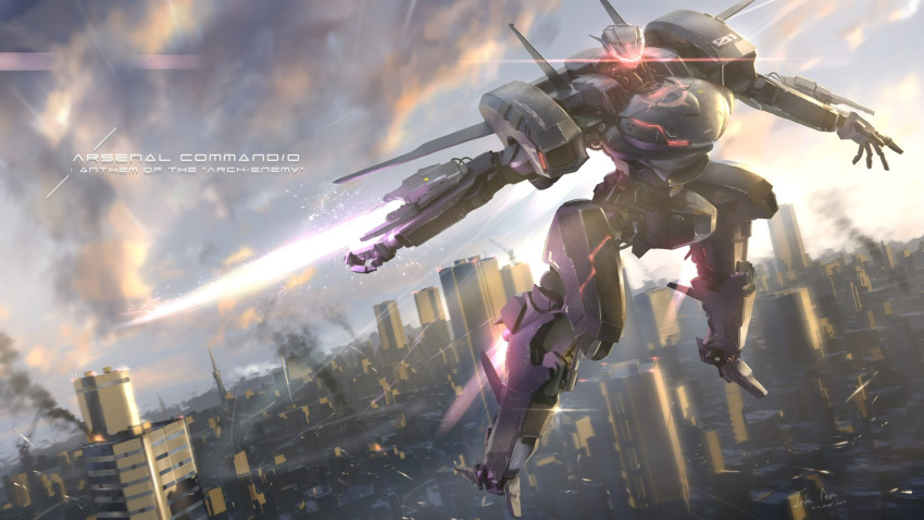 arm_blade city clenched_hand clouds energy_blade flying glowing highres mecha no_humans open_hand original science_fiction sky smoke solo takuan_(a_mood_home) visor weapon