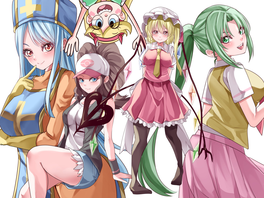 5girls absurdres arms_up back_bow baseball_cap blonde_hair blue_eyes blue_hair blue_headwear blue_shorts blush bow breasts closed_mouth crossover crystal dragon_quest dragon_quest_iii eyebrows_behind_hair feet_out_of_frame finger_to_mouth flandre_scarlet from_behind full_body gloves green_eyes green_hair hat hat_ribbon highres higurashi_no_naku_koro_ni hilda_(pokemon) large_breasts long_hair long_sleeves looking_at_viewer looking_back maboroshi_mochi medium_breasts mitre mob_cap multiple_girls necktie open_mouth orange_eyes pantyhose pink_skirt pokemon pokemon_(game) pokemon_bw ponytail priest_(dq3) puffy_short_sleeves puffy_sleeves red_ribbon red_skirt red_vest ribbon shirt short_sleeves shorts skirt skirt_set smile sonozaki_mion star_butterfly star_vs_the_forces_of_evil teeth touhou upper_teeth upside-down vest white_bow white_headwear white_shirt wings yellow_gloves yellow_necktie yellow_vest