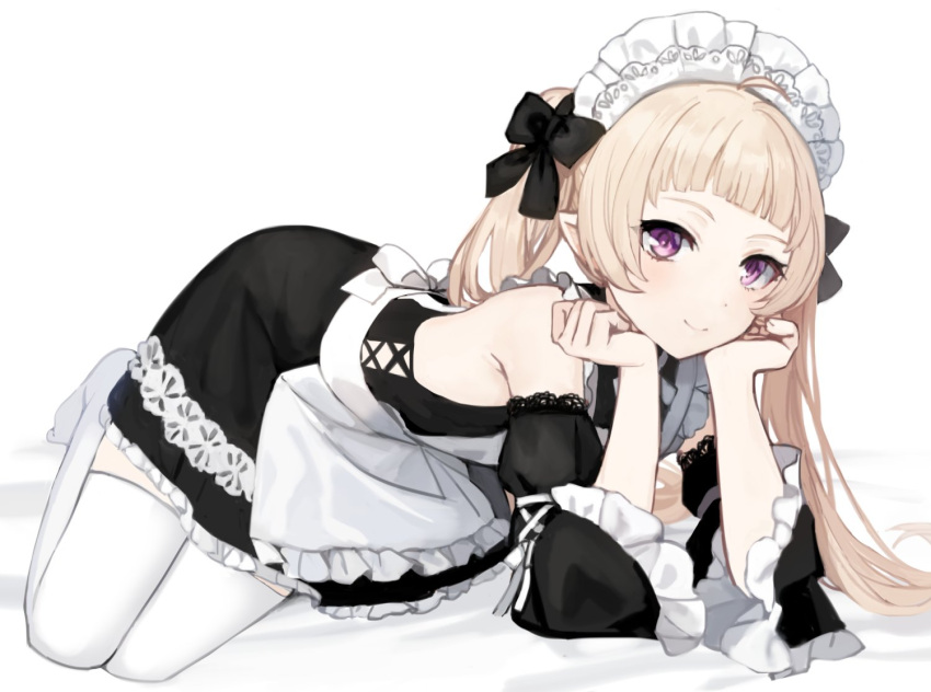 1boy apron bangs black_bow black_dress black_sleeves blonde_hair blunt_bangs bow closed_mouth commentary_request detached_sleeves dress eyebrows_visible_through_hair frilled_apron frilled_dress frilled_sleeves frills long_hair looking_at_viewer lying maid maid_headdress otoko_no_ko pointy_ears princess_connect! simple_background smile solo sunaba_(nczd5875) thigh-highs twintails violet_eyes white_apron white_background white_legwear wide_sleeves yuki_(princess_connect!)