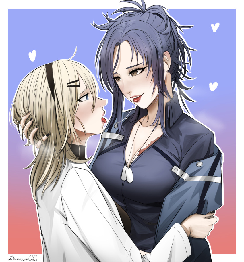 2girls angelia_(girls'_frontline) artist_name bangs black_hairband black_nails black_shirt blonde_hair blue_eyes blue_hair blue_shirt blush breasts brown_eyes collarbone commission darkpulsegg english_commentary eyebrows_visible_through_hair french_kiss girls_frontline hair_ornament hairband hairclip hand_on_own_head heart heart_print highres hug hug_from_behind jewelry kiss lips long_hair looking_at_another medallion medium_breasts multiple_girls nail_polish necklace open_mouth parted_lips saliva saliva_trail scar_on_breasts shaw_(girls'_frontline) shirt simple_background smile teeth tongue tongue_out turtleneck upper_body upper_teeth white_robe yuri