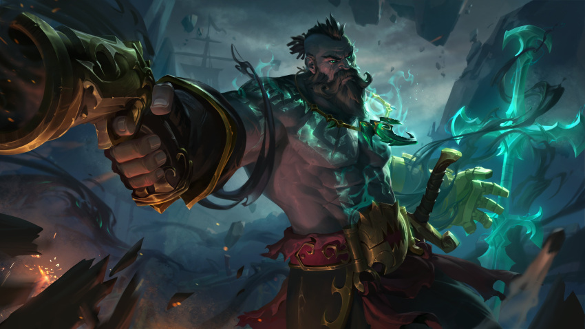 1boy abs absurdres artist_request beard belt black_sclera brown_gloves brown_hair brown_pants collarbone colored_sclera facial_hair fingerless_gloves gangplank_(league_of_legends) gangplank_the_betrayer gloves green_eyes gun highres holding holding_gun holding_weapon jewelry league_of_legends looking_at_viewer male_focus mechanical_arms muscular muscular_male necklace official_alternate_costume official_art pants pectorals ruined_(league_of_legends) scar scar_across_eye ship short_hair single_mechanical_arm solo sword tattoo watercraft weapon