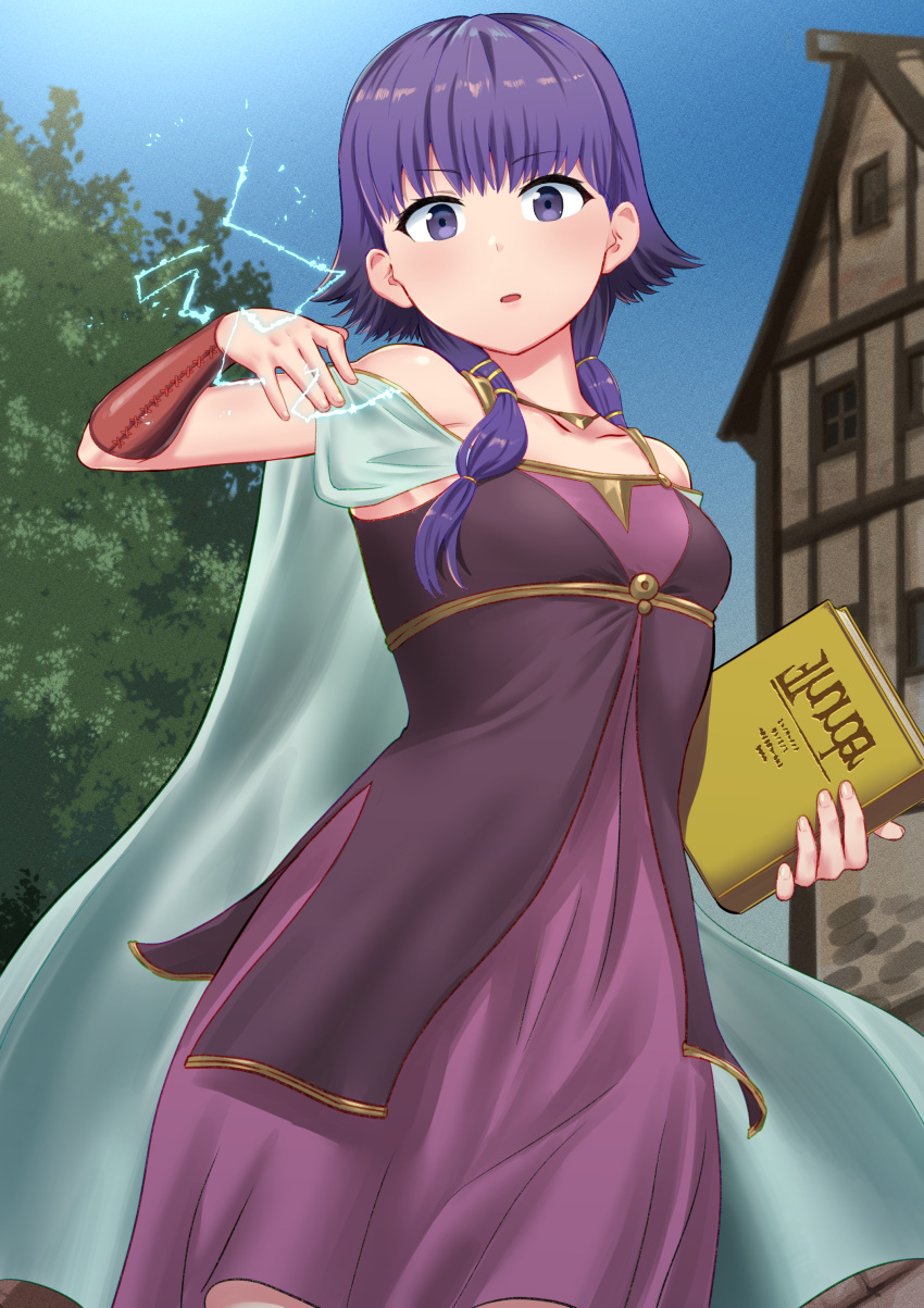 1girl absurdres arm_up bare_shoulders blue_sky book braid collarbone commission dress electricity electrokinesis eyebrows_visible_through_hair fire_emblem fire_emblem:_the_sacred_stones highres holding holding_book house kekeshi_mitsuru lightning looking_at_viewer lute_(fire_emblem) medium_hair open_mouth purple_hair skeb_commission sky sleeveless sleeveless_dress solo tree twin_braids twintails violet_eyes