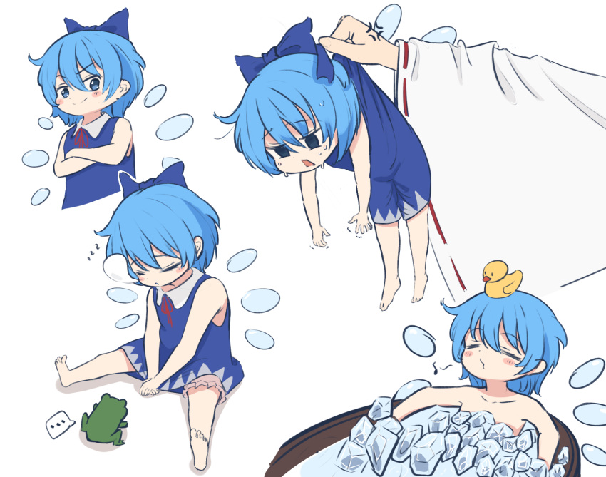 2girls bangs barefoot bathing bird blue_eyes blue_hair cirno closed_eyes closed_mouth crossed_arms duck esthoric eyebrows_visible_through_hair frog full_body hakurei_reimu highres ice ice_wings multiple_girls multiple_views musical_note ribbon-trimmed_sleeves ribbon_trim short_hair simple_background sitting speech_bubble touhou v-shaped_eyebrows v_arms whistling white_background wings