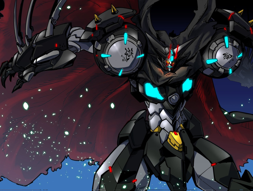 amakawa_mayu black_cape black_getter cape fusion getter-1_(devolution) getter_robo getter_robo_devolution glowing highres looking_down mecha open_hand science_fiction shin_getter_robo solo super_robot yellow_eyes