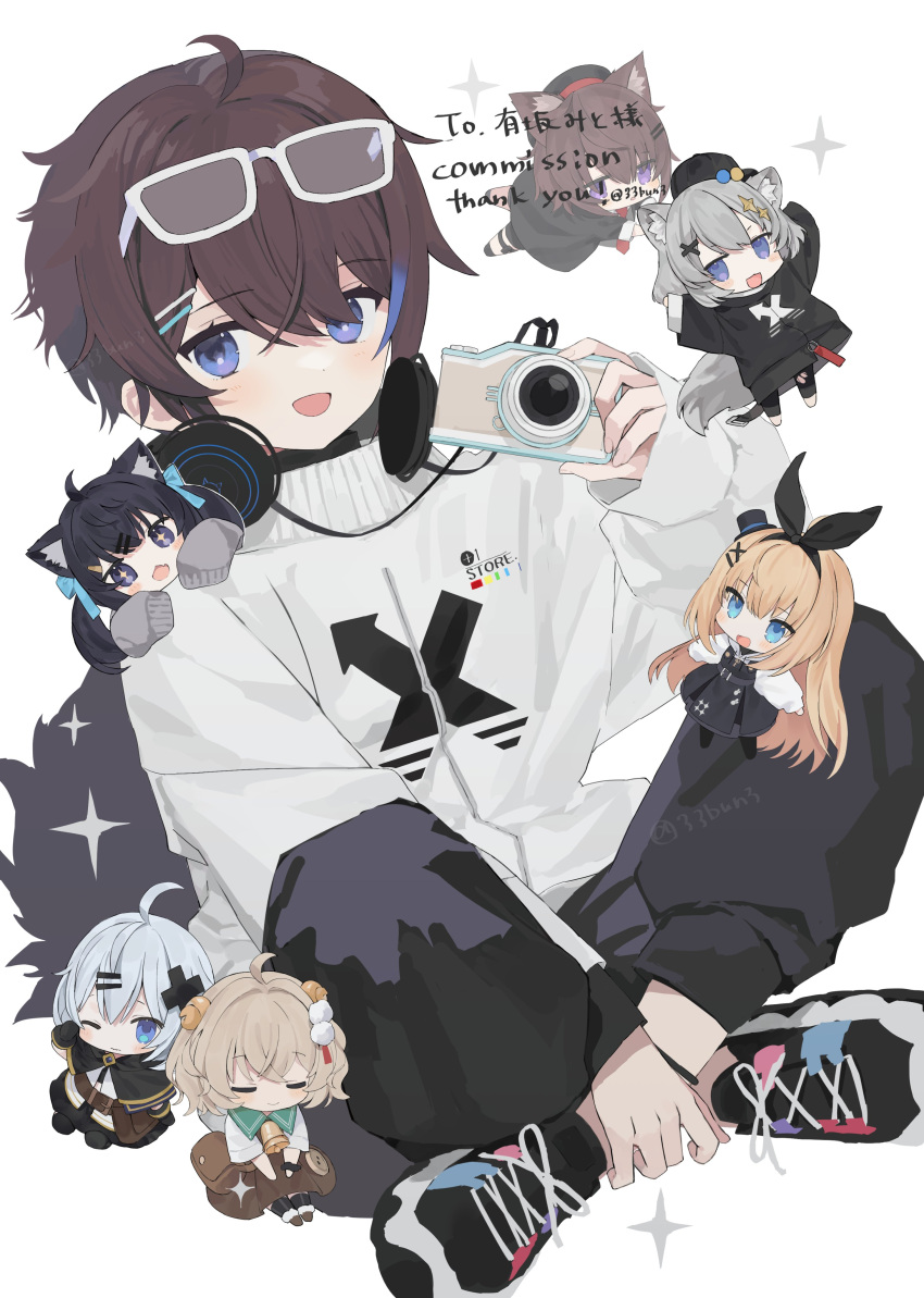 1boy 33bun3 6+girls absurdres ahoge animal_ear_fluff animal_ears arms_up bell belt belt_pouch black_bow black_capelet black_footwear black_gloves black_hair black_headwear black_legwear black_scrunchie black_skirt blonde_hair blue_bow blue_eyes blue_hair blush blush_stickers bow brown_belt brown_footwear brown_hair brown_skirt bush buttons camera capelet check_copyright chibi closed_eyes closed_mouth clothes_writing commission copyright_request eyebrows_visible_through_hair eyewear_on_head fang fingernails gloves grey_hair hair_between_eyes hair_ornament hairclip half-closed_eyes hat headphones headphones_around_neck highres holding holding_camera hood hood_down horns jewelry key key_necklace light_brown_hair long_hair medium_hair multicolored_hair multiple_girls neck_bell necklace on_shoulder one_eye_closed open_mouth original pouch scrunchie shoes sitting skeb_commission skin_fang skirt sleeves_past_fingers sleeves_past_wrists smile sneakers sparkle sparkle_print sparkling_eyes star_(symbol) star_hair_ornament tail thigh_strap top_hat torn torn_clothes torn_legwear triangle_mouth turtleneck twintails very_long_hair violet_eyes white-framed_eyewear x_hair_ornament yellow_pupils zipper