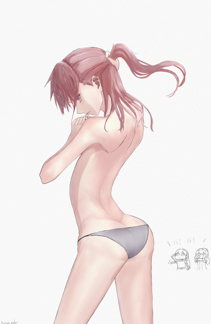 1girl absurdres ass back bangs bare_back bare_shoulders closed_mouth eyebrows_visible_through_hair feet_out_of_frame girls_frontline grey_panties hand_in_own_hair hetare_galm_sue highres long_hair looking_at_viewer looking_to_the_side panties pink_hair ponytail solo st_ar-15_(girls'_frontline) standing underwear violet_eyes white_background