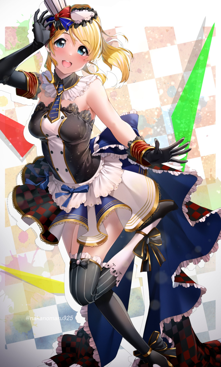 1girl absurdres asymmetrical_gloves asymmetrical_legwear ayase_eli bangs bare_shoulders blue_eyes breasts buttons checkered_background commentary detached_collar double-breasted dress feet_out_of_frame frills garter_straps gloves gold_trim hat high_heels highres long_hair looking_at_viewer love_live! medium_breasts mini_hat mini_top_hat nakano_maru necktie open_mouth ponytail showgirl_skirt smile standing standing_on_one_leg strapless strapless_dress striped striped_legwear swept_bangs tareme thigh-highs top_hat zettai_ryouiki