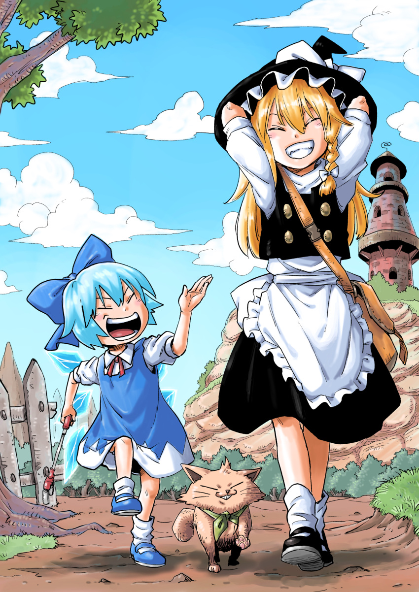 2girls blonde_hair blue_hair blue_sky bow cat cirno closed_eyes clouds cloudy_sky day dress grin hair_bow happy hat highres holding ice ice_wings inuno_rakugaki kirisame_marisa mountain multiple_girls outdoors sky smile teeth touhou tree walking wings witch_hat