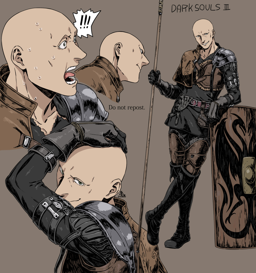 ! !! 1boy arm_up armor bald bangs black_footwear black_gloves boots brown_pants closed_mouth collarbone copyright_name dark_souls_(series) dark_souls_iii full_body gloves grin hand_on_head highres holding holding_polearm holding_weapon kamezaemon knee_boots long_sleeves looking_at_viewer male_focus open_mouth pants patches_(from_software) polearm pouch shield shoulder_armor smile standing sweat teeth tongue tongue_out weapon