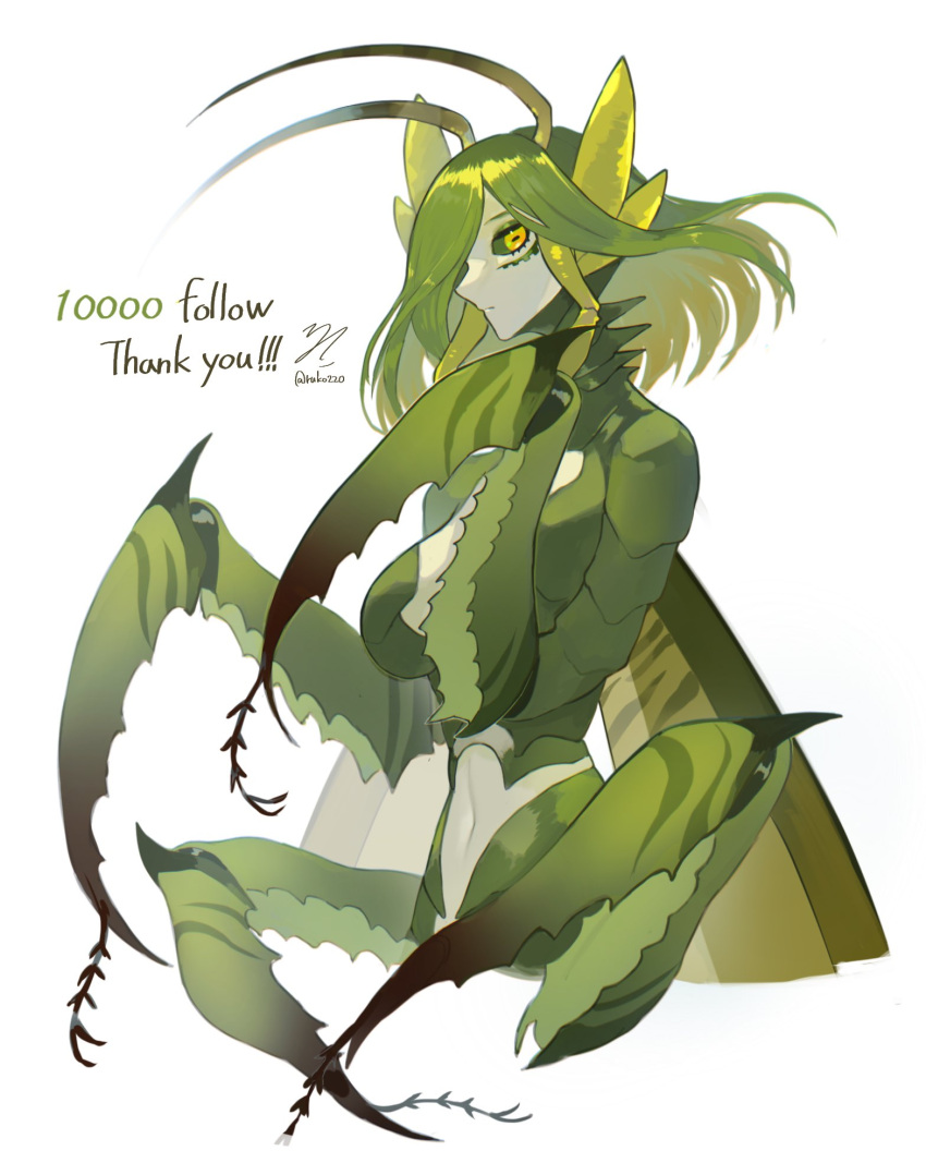 1girl antennae arthropod_girl arthropod_limbs carapace claws colored_sclera colored_skin extra_arms facial_mark facing_to_the_side feet_out_of_frame green_hair green_sclera green_skin highres horizontal_pupils insect_wings looking_at_viewer mantis_girl medium_hair monster_girl no_feet original ruteko_(ruko220) signature solo upper_body white_background wings yellow_eyes