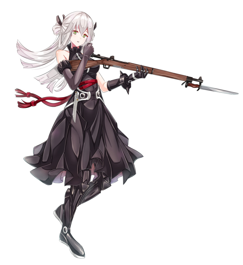 1girl :o absurdres alternate_costume alternate_hair_color bangs battle_rifle bayonet black_dress black_gloves breasts dress elbow_gloves eyebrows_visible_through_hair full_body girls_frontline gloves green_eyes gun hair_ornament highres holding holding_gun holding_weapon long_hair looking_at_viewer m1903_springfield mechanical_legs medium_breasts mutugorou_u open_mouth rifle sangvis_ferri silver_hair solo springfield_(girls'_frontline) standing weapon white_background