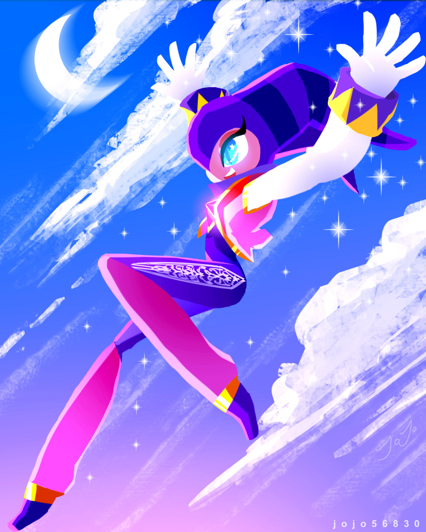 1other absurdres blue_eyes bodysuit clouds cloudy_sky flying gloves hat highres jester jester_cap long_sleeves moon nights_(character) nights_into_dreams profile sega sky smile solo teeth vest white_gloves