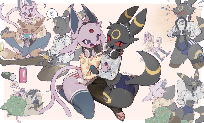 2girls absurdres animal_ears artist_name ass black_fur black_legwear black_sclera blue_legwear body_fur can closed_eyes colored_sclera controller eevee electric_fan espeon fang furrification furry furry_female game_controller headphones headphones_around_neck highres holding holding_controller holding_game_controller looking_at_another looking_at_viewer multiple_girls open_mouth pokemon pokemon_(creature) purple_fur red_sclera ring_fit_adventure sitting sleeping smile tail thigh-highs umbrella umbreon yuio58ok
