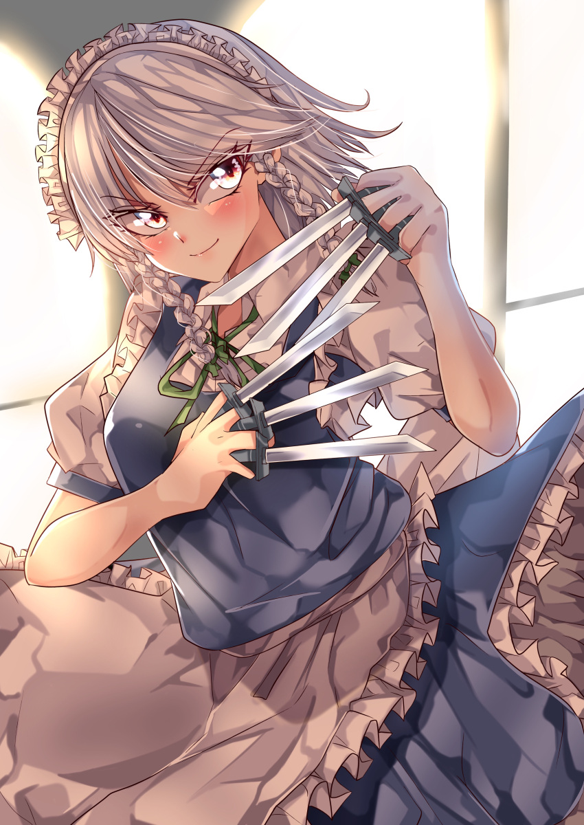 1girl absurdres apron backlighting between_fingers blue_skirt blue_vest blurry blurry_background blush closed_mouth collared_shirt commentary_request cowboy_shot eyebrows_visible_through_hair frilled_apron frilled_skirt frills green_ribbon grey_hair highres holding holding_knife indoors izayoi_sakuya knife looking_at_viewer maboroshi_mochi maid maid_headdress neck_ribbon puffy_short_sleeves puffy_sleeves red_eyes ribbon shirt short_sleeves skirt smile solo touhou v-shaped_eyebrows vest waist_apron white_apron white_shirt