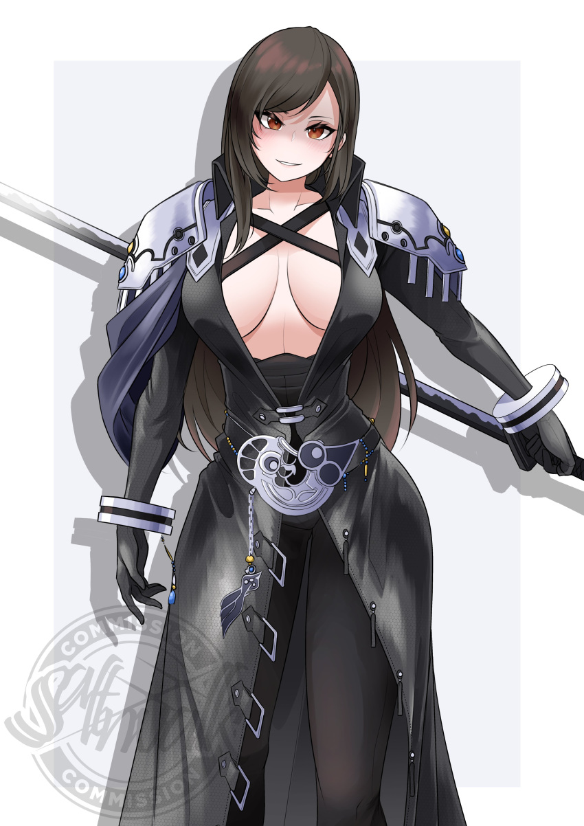 1girl absurdres black_coat black_gloves black_pants blush breasts brown_eyes brown_hair coat cosplay eyebrows_visible_through_hair final_fantasy final_fantasy_vii gloves grin highres holding holding_sword holding_weapon large_breasts looking_at_viewer open_clothes pants saltnvalk sephiroth sephiroth_(cosplay) shiny shiny_hair simple_background smile solo sword tifa_lockhart weapon white_background