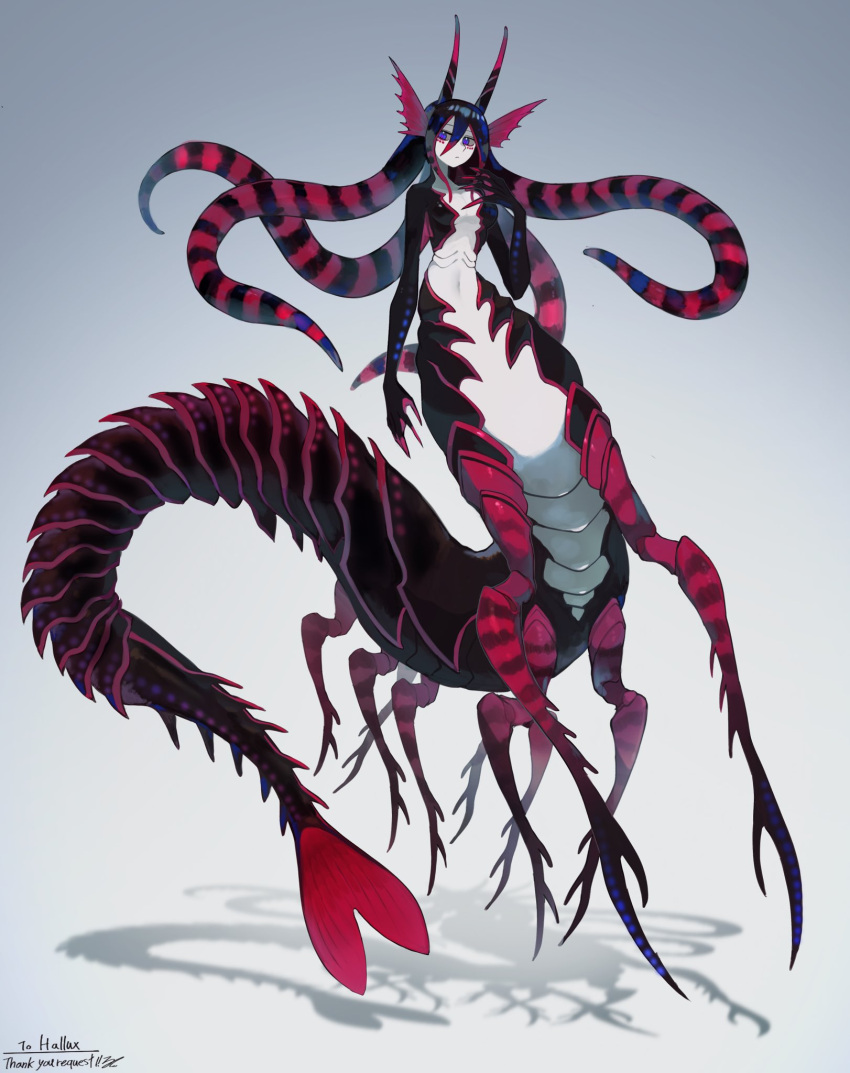 1girl arthropod_girl arthropod_limbs black_hair carapace claws colored_sclera colored_skin commission facial_mark full_body gills gradient gradient_background grey_sclera head_fins highres horns monster_girl multicolored_skin original purple_pupils redhead ruteko_(ruko220) shadow signature skeb_commission solo tail taur tentacle_hair tentacles webbed_hands