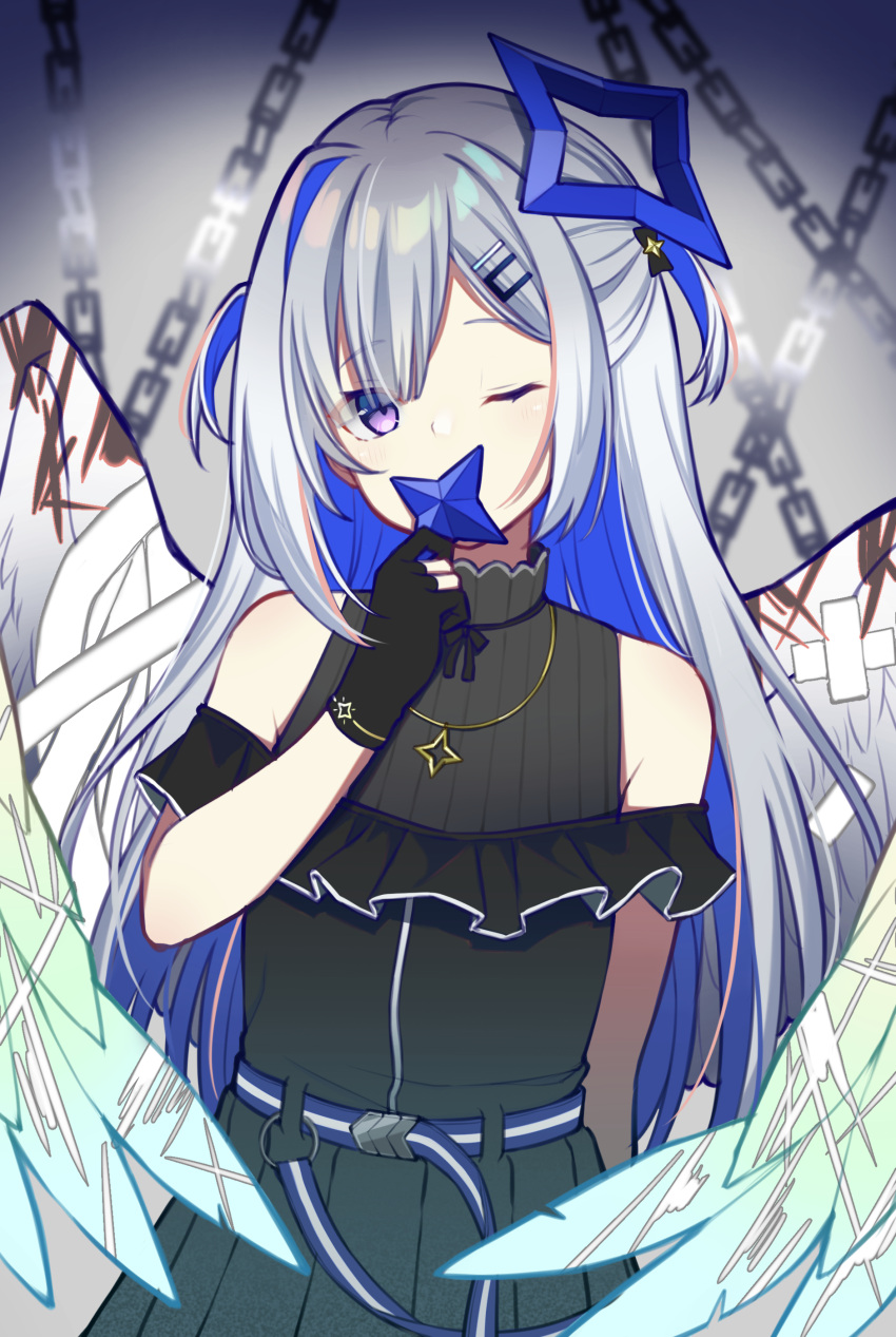 1girl absurdres amane_kanata angel angel_wings bandages bangs bare_shoulders belt black_bow black_gloves blue_belt blue_hair blurry blurry_background bow chain colored_inner_hair commentary covering_mouth cowboy_shot crossed_bandaids dress eyebrows_visible_through_hair eyes_visible_through_hair feathered_wings gloves gradient gradient_background hair_bow hair_ornament hair_over_one_eye hairclip halo hand_up head_tilt highres holding hololive jewelry kiki_okina long_hair looking_at_viewer multicolored_hair necklace official_alternate_costume one_eye_closed parted_bangs partially_fingerless_gloves pleated_dress shiny shiny_hair sidelocks silver_hair single_hair_intake sleeveless sleeveless_dress solo standing star_(symbol) star_halo star_necklace two_side_up violet_eyes virtual_youtuber white_background white_wings wings