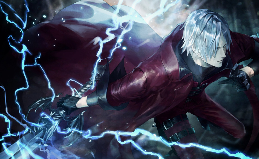 1boy belt black_footwear black_gloves blue_eyes closed_mouth coat collarbone covered_collarbone dante_(devil_may_cry) devil_may_cry_(series) devil_may_cry_1 electricity gloves grey_hair highres holding holding_sword holding_weapon leg_belt light_blue_eyes male_focus open_clothes open_coat red_coat solo sword thigh_strap utkw_n weapon