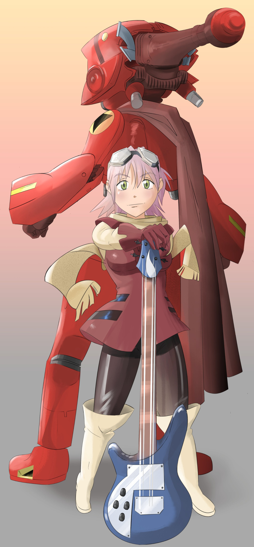 absurdres boots canti chadgarciaburg flcl gainax goggles goggles_on_head green_eyes guitar haruhara_haruko highres instrument jacket pink_hair red_jacket scarf