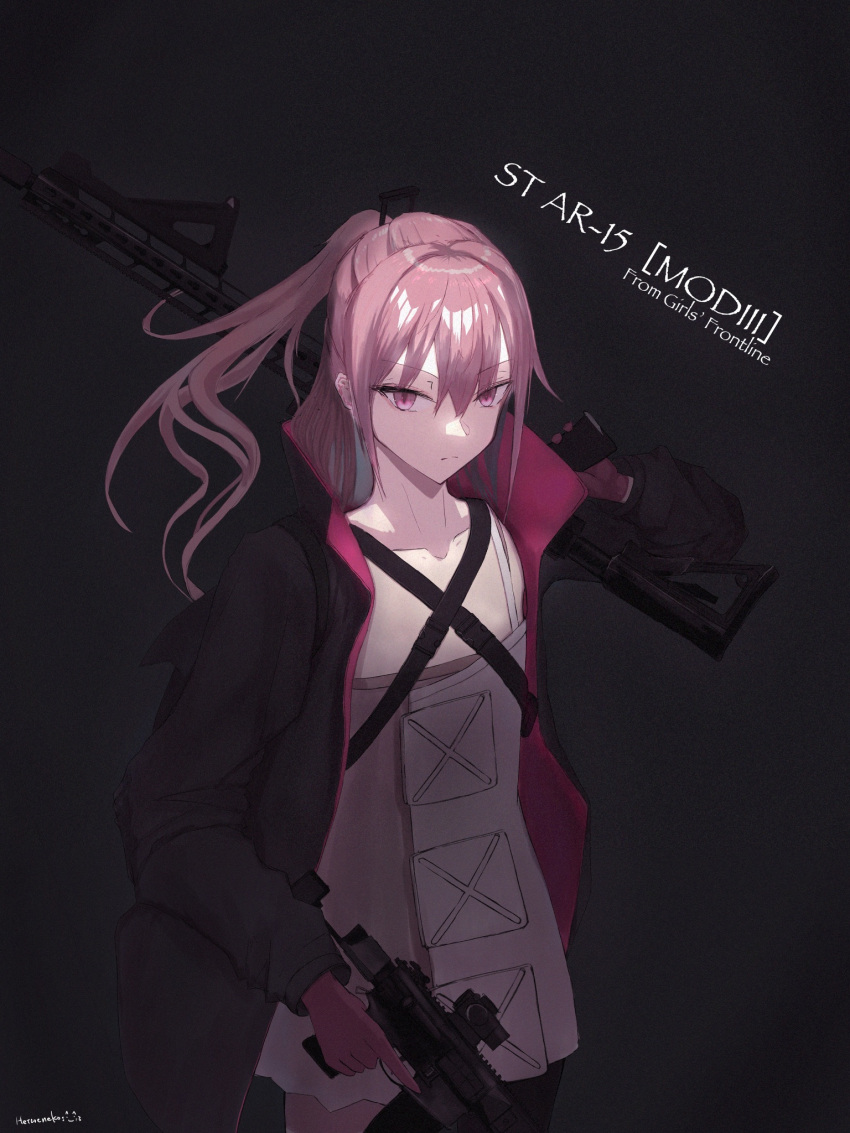 1girl ar-15 artist_name bangs black_background black_jacket breasts character_name closed_mouth copyright_name dress eyebrows_visible_through_hair girls_frontline gloves gun harness hetare_galm_sue highres holding holding_gun holding_weapon jacket long_hair looking_at_viewer mod3_(girls'_frontline) open_clothes open_jacket over_shoulder pink_gloves pink_hair ponytail rifle serious small_breasts solo st_ar-15_(girls'_frontline) standing violet_eyes weapon weapon_over_shoulder white_dress