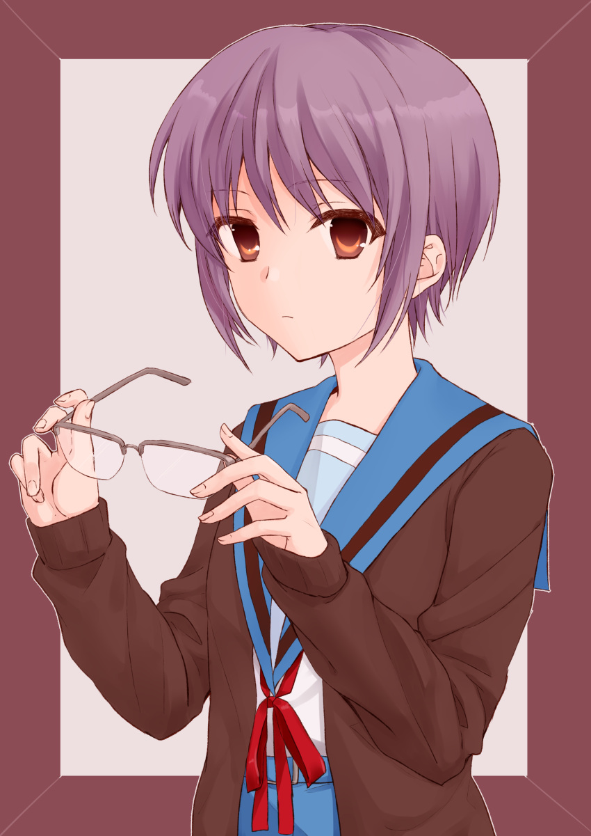 1girl absurdres bangs blue_sailor_collar blue_skirt brown_background brown_cardigan brown_eyes cardigan closed_mouth commentary_request expressionless eyebrows_visible_through_hair glasses highres holding holding_eyewear kita_high_school_uniform long_sleeves looking_at_viewer nagato_yuki open_cardigan open_clothes purple_hair red_ribbon ribbon rie_(shinwa) sailor_collar school_uniform serafuku short_hair simple_background skirt solo suzumiya_haruhi_no_yuuutsu two-tone_background upper_body white_background