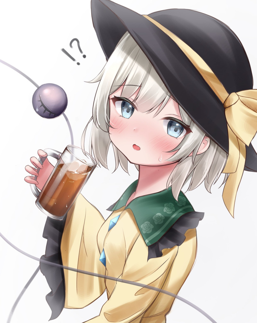 !? 1girl alcohol bangs beer beer_mug black_headwear blue_eyes blush cup eyebrows_visible_through_hair grey_hair hat hat_ribbon highres hire_(uret4788) holding holding_cup komeiji_koishi looking_at_viewer mug open_mouth ribbon short_hair simple_background solo sweatdrop third_eye touhou upper_body white_background yellow_ribbon