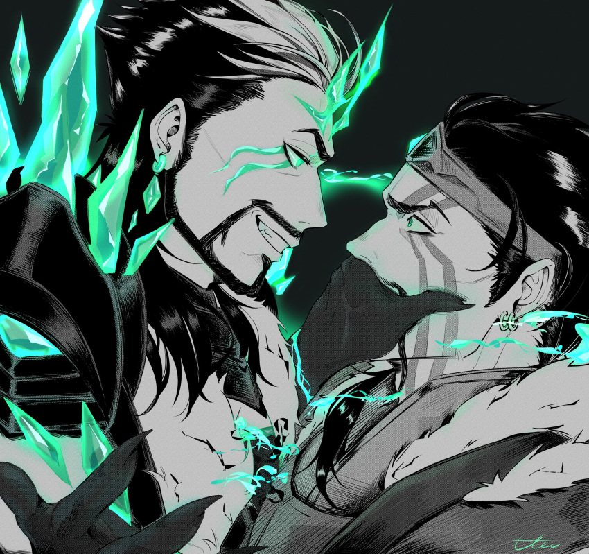 2boys artist_name beard black_hair close-up crown draven ear_piercing earrings facial_hair facial_tattoo fang fire glowing glowing_eyes green_fire hand_on_another's_face highres iki39236287 jacket jewelry league_of_legends long_hair long_sideburns looking_at_viewer male_focus manly mature_male multiple_boys piercing red_eyes ruined_draven shoulder_pads sideburns smirk spikes stud_earrings tattoo