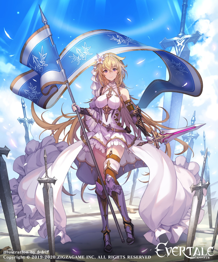 1girl absurdres armored_boots artist_name asymmetrical_legwear banner blonde_hair boots braid breasts closed_mouth clouds company_name copyright copyright_name day dress evertale field_of_blades flower full_body garter_straps gauntlets hair_flower hair_ornament hair_ribbon hairband highres holding holding_sword holding_weapon jeanne_d'arc_(evertale) kakage knee_boots large_breasts long_hair looking_at_viewer official_art oversized_object planted planted_sword ribbon sky smile solo standing sword thigh-highs uneven_legwear very_long_hair violet_eyes watermark weapon white_hairband