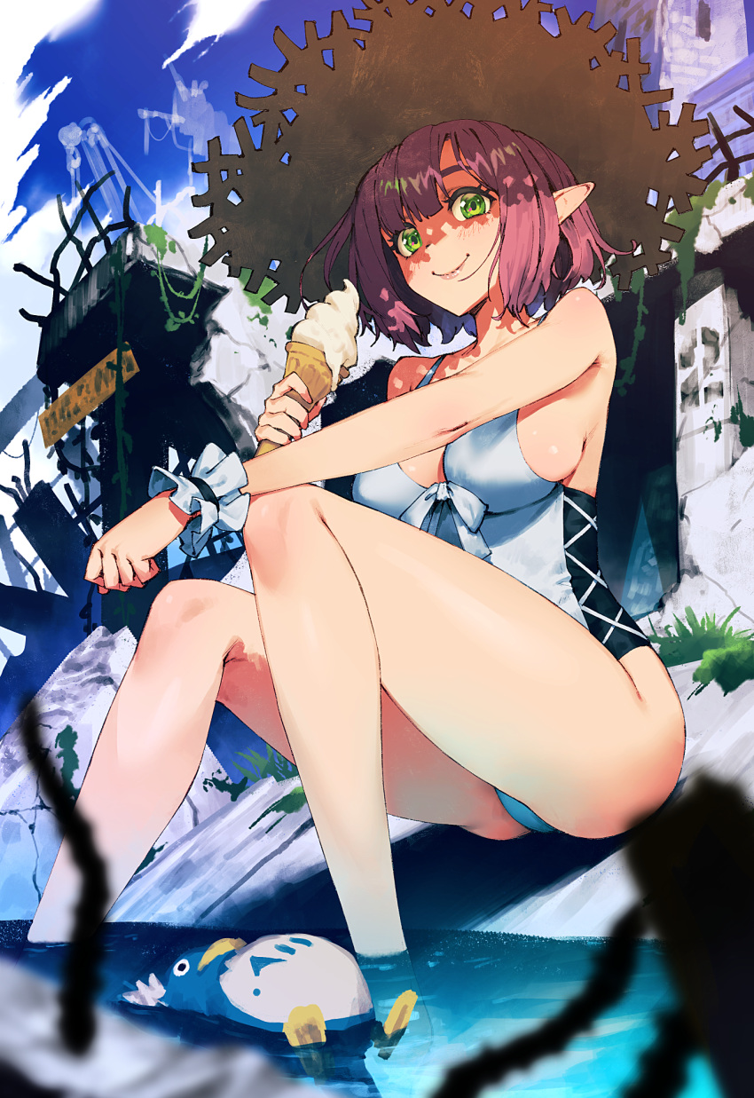 1girl bare_legs bare_shoulders bird blush breasts brown_headwear casual_one-piece_swimsuit closed_mouth cozy day food green_eyes hat highres holding holding_food ice_cream ice_cream_cone large_breasts looking_at_viewer one-piece_swimsuit original outdoors penguin pink_hair pointy_ears ruins short_hair sideboob sitting smile soaking_feet soft_serve solo straw_hat swimsuit water white_swimsuit wrist_cuffs