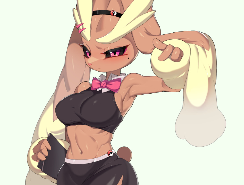 1girl animal_ears animal_nose arm_up armpits bare_shoulders black_sclera black_shirt black_skirt blush body_fur bow bowtie breasts brown_fur closed_mouth clothed_pokemon collared_shirt colored_sclera commentary_request crop_top drunkoak embarrassed english_commentary eyeliner furry furry_female green_background hair_ornament hairclip hand_up highres holding holding_menu korean_commentary looking_at_viewer lopunny makeup medium_breasts menu midriff mixed-language_commentary mole mole_under_eye navel partial_commentary pink_bow pink_bowtie pink_eyeliner pink_eyes poke_ball_symbol pokemon pokemon_(creature) rabbit_ears rabbit_girl rabbit_tail shiny shiny_skin shirt side_slit simple_background skirt sleeveless sleeveless_shirt solo stomach tail toned two-tone_fur waitress wide_hips yellow_fur